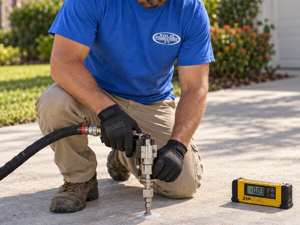 Solid Foundations technician injecting polyurethane foam through a driveway port with a ZipLevel monitoring elevation nearby