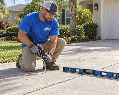Solid Foundations technician injecting foam beneath a slab while a digital level tracks the lift