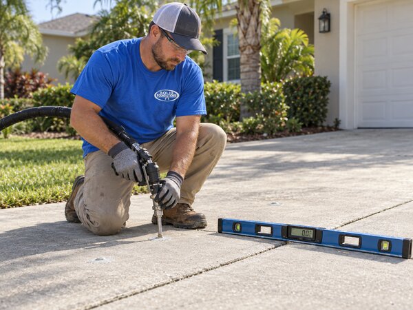 Solid Foundations technician injecting foam beneath a slab while a digital level tracks the lift