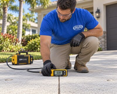 Solid Foundations technician reading a precision ZipLevel elevation sensor on a driveway