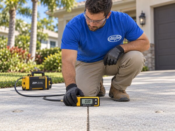 Solid Foundations technician reading a precision ZipLevel elevation sensor on a driveway