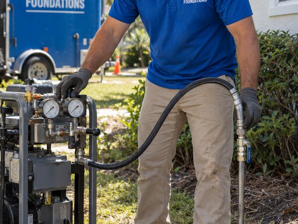 Solid Foundations technician setting up soil injection equipment beside the company trailer at a residential job site