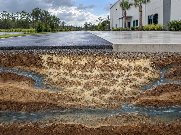 Cutaway view beneath a commercial parking lot showing soil stabilized with polyurethane foam while groundwater passes through