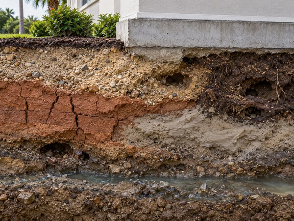 Cutaway view of eroded soil and voids beneath a home's foundation footing, showing decayed organic material and water intrusion