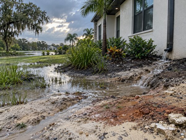 Water pooling against a home's foundation after heavy rain, the kind of water exposure Florida soil regularly faces