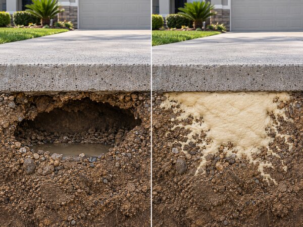 Before and after comparison of a void under a slab, empty and then filled with polyurethane foam