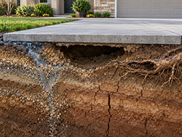 Cutaway illustration of a void forming under a driveway slab from water intrusion and root damage