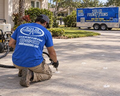 Polyurethane foam injection in progress on a driveway with the Solid Foundations trailer in the background