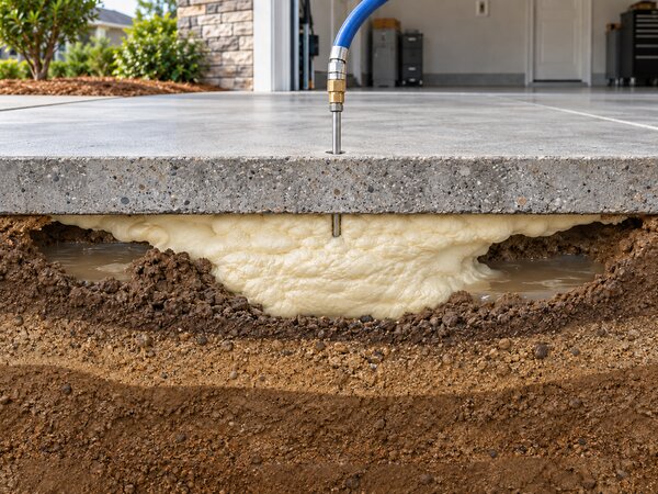 Structural polyurethane foam being injected under a concrete slab to fill a void