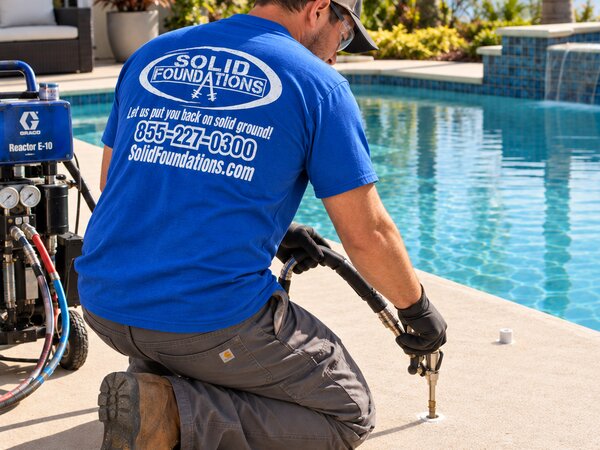 Solid Foundations technician injecting polyurethane foam beneath a pool deck